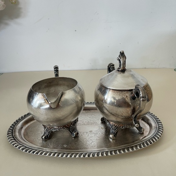 Creamer & Sugar Bowl w/ Tray Silver on Copper Silverplate Set Of 3 VTG - Picture 4 of 11